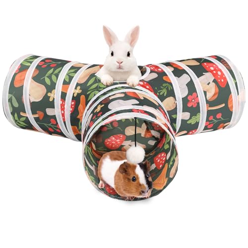 HERCOCCI Rabbit Toys, Bunny Tunnel & Tube, Collapsible 3 Way Rabbit Hideout Tunnel with Chew Toy for Bunny Guinea Pig Ferret Kitten - color: Red