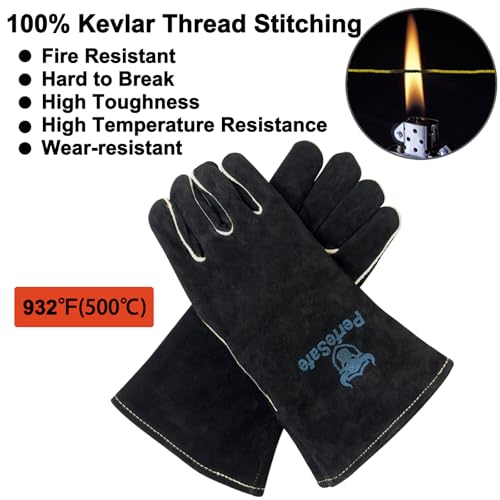 Welding Gloves Heat Resistant Leather Fireproof Gloves 14in Black | Welders Gloves for MIG TIG Stick, Grill Gloves Mitts for BBQ,Oven,Forge,Fireplace,Fire Pit,Furnace,Wood Stove,Dry Ice,Baking - color: 14 Inches Black