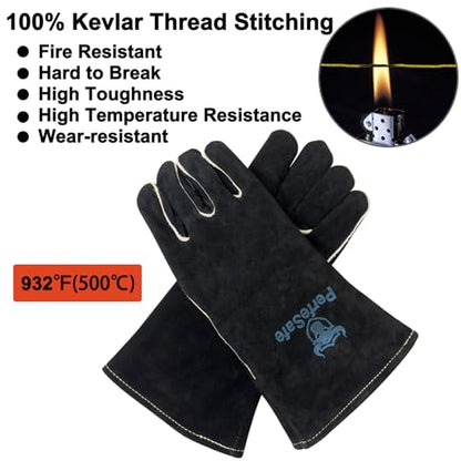 Welding Gloves Heat Resistant Leather Fireproof Gloves 14in Black | Welders Gloves for MIG TIG Stick, Grill Gloves Mitts for BBQ,Oven,Forge,Fireplace,Fire Pit,Furnace,Wood Stove,Dry Ice,Baking - color: 14 Inches Black