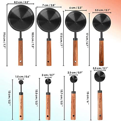 8-Piece Stainless Steel Measuring Cups and Spoons, Acacia Handles, Black - color: Black