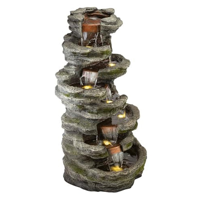 Alpine Corporation WIN1146 Outdoor Floor Cascading 8 Tiered Rock Garden Water Fountain with LED Lights, 58", Gray - style: 58" H - 8-Tier Warm White LEDs