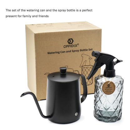 Watering Can for Indoor Plants, Black Water Can Spray Bottle 2 Pack | Long Spout Metal Stainless Steel 21 oz Watering Can with 14 oz Glass Plant Mister Spray Bottle for Plant Bonsai Water Can - color: Black Watering Can + Grey Spray Bottle