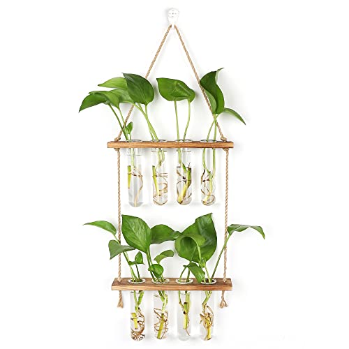 Hyindoor Wall Hanging Planter Terrarium 2 Tired Test Tube Vase Glass Planter Plant Propagation Station Plant Hangers of Rope with Wooden Stand and 8 Tubes for Hydroponic Plant Cutting - size: Small-8 Tubes