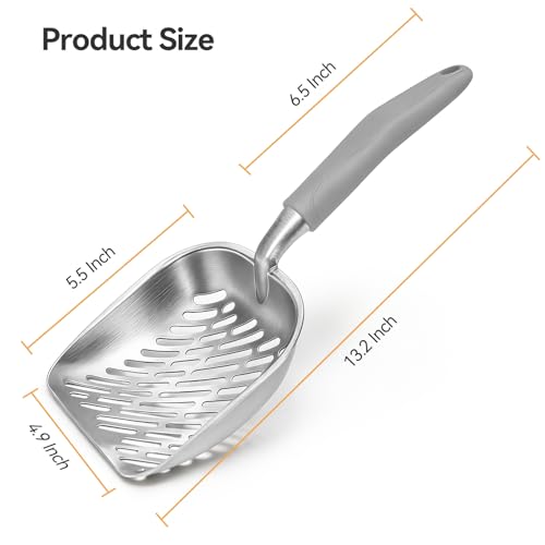 Cat Litter Scoop, Large Long Handle Kitty Metal Scooper | Heavy Duty Aluminum Deep Sifter, Ergonomic Non-Slip Grip, Rustproof Durable Poop Cleaner for Cat Litter Box - color: Gray, size: Large