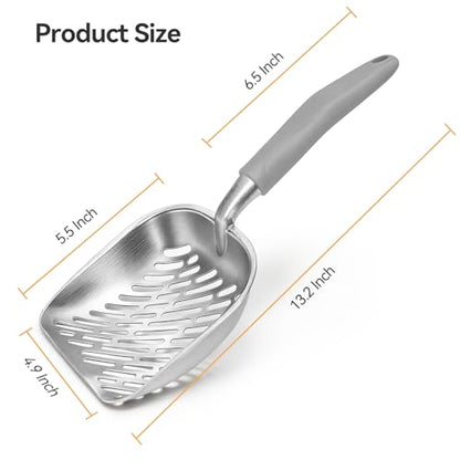 Cat Litter Scoop, Large Long Handle Kitty Metal Scooper | Heavy Duty Aluminum Deep Sifter, Ergonomic Non-Slip Grip, Rustproof Durable Poop Cleaner for Cat Litter Box - color: Gray, size: Large