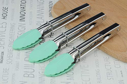 HINMAY 7" Stainless Steel Food Tongs with Silicone Tips, Set of 3 (Mint) | 7-Inch Mini Tongs - color: Mint