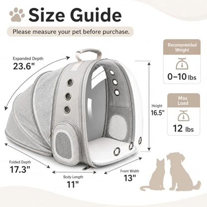Expandable Cat Carrier Backpack with Bubble Window, Grey | Breathable mesh, anti-collapse frame, side door, safety leash and escape-resistant zippers for vet visits and outdoor travel. - color: Grey
