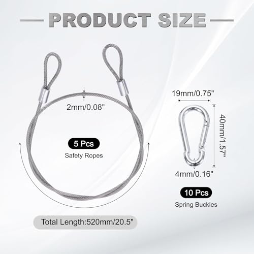 PATIKIL 20.5 Inch Safety Cable Lock, 5 Pcs 304 Stainless Steel Security Wire Ropes Double Loop Anti-Theft Safety with 10 Spring Buckles for Bicycles Luggage Stage Lighting, Clear - color: Clear, size: 20.5 Inch