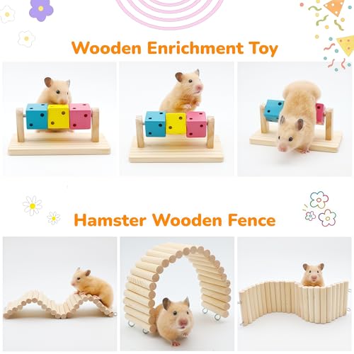 9 Pcs Hamster Cage Accessories, Silent Hamster Wheel, Wooden House and Platform, Wooden Fence, Water Bottle Set, Ceramic Food Bowl, Bath Sand Container, Mini Cleaner for Rat Mice Small Animals Habitat