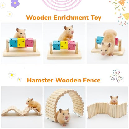 9 Pcs Hamster Cage Accessories, Silent Hamster Wheel, Wooden House and Platform, Wooden Fence, Water Bottle Set, Ceramic Food Bowl, Bath Sand Container, Mini Cleaner for Rat Mice Small Animals Habitat