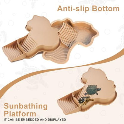 3PCS Tortoise Water Dish with Leaf Reptile Food Dish, Brownish | Anti-slip Reptile Bathing Pool with Ramp, Smooth Tortoise Water Dish Turtle Pool for Lizard Gecko Snake Frog Amphibians - color: Brownish Yellow