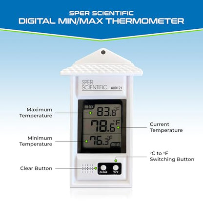 Sper Scientific Compact Digital Min/Max Thermometer 800121 - Wide Range Temperature Logger with Clear LCD Display - Ideal for Laboratories, Food Storage, HVAC & Greenhouses - 2 pc - size: 2 Pack