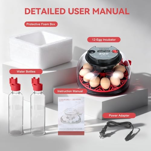 Nest II - 12 Egg Incubator for Beginners, Multi-Level Adaptive Humidity (Auto-Refill & Dual-Bottle) & Stable Temp Control, Auto Egg Turning, Real-Time Display, Candler for Hatching Poultry Eggs - size: 12 Egg [Black&Red]