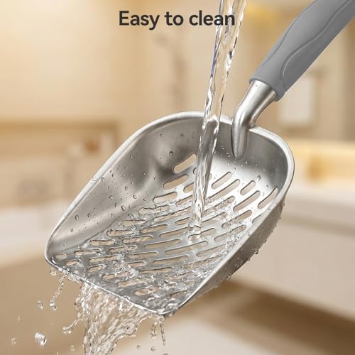 Cat Litter Scoop, Large Long Handle Kitty Metal Scooper | Heavy Duty Aluminum Deep Sifter, Ergonomic Non-Slip Grip, Rustproof Durable Poop Cleaner for Cat Litter Box - color: Gray, size: Large