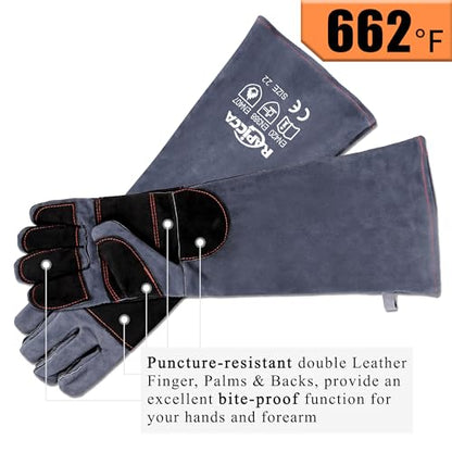 RAPICCA Animal Handling Gloves, Bite Proof Double Leather, 22 in Grey-Black | For Dog, Cat, Bird, Falconry, Snake & Reptile Handling; Vets, Groomers & Animal Control Teams - style: 22 Inches