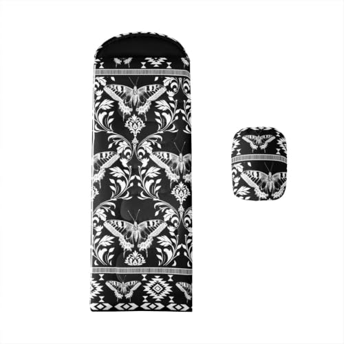 Erosebridal Longhorn Cow Skull Gothic Witchy Damask Sleeping Bag for Kids Camping Blanket for Hiking Travel Hunting Sleep Bag - color: Black and White Rustic Butterfly