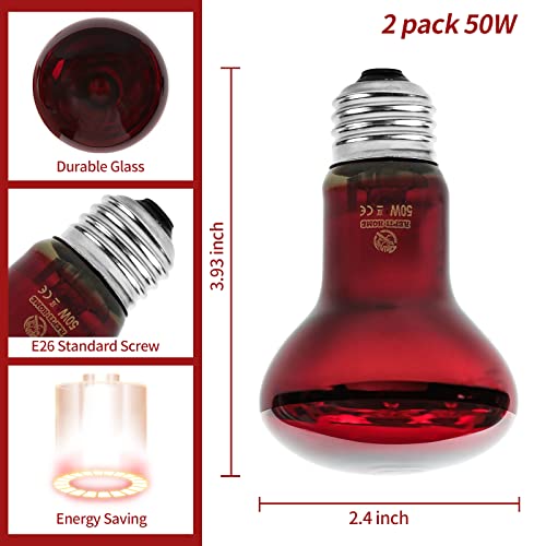 Infrared Reptile Heat Lamp Bulbs,2 PCS 50W Reptiles & Amphibians Infrared Basking Spot Lamp Bulb, Red Heat Emitter Light for Chickens Coop - color: Red(50*2)