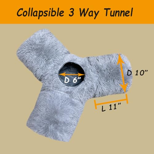 3-Way Collapsible Cat Tunnel Tube Toy Grey Plush | Interactive Play Tunnel with Hanging Ball & Peek Hole for Indoor Cats, Kittens, Puppies & Rabbits | Hours of Fun & Exercise - color: Grey Plush