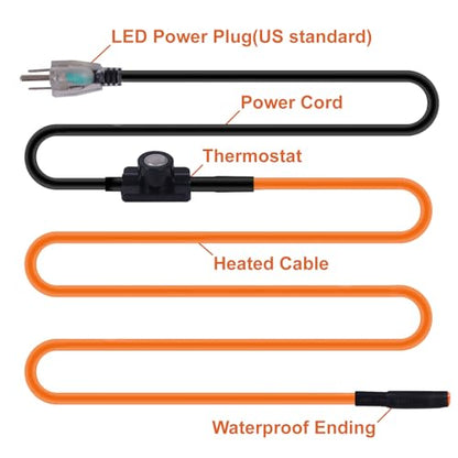 Cupohus Heat Tape for Water Pipes with Thermostat 3FT, Freeze Protection Self-Regulating Heat Trace Cable for Metal, Plastic Home Pipes, Roof and RV, 110-120V