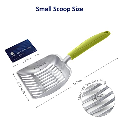 Cat Litter Scoop, Aluminum Alloy Sifter, Kitty Metal Scooper, Deep Shovel, Long Handle, Poop Sifting, Kitten Pooper Lifter, Durable, Heavy Duty, for Litter Box - color: FLAT Aluminum \ #03 Green Handle, size: Small