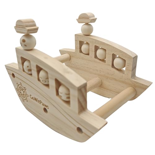 Natural Wooden Rocking Boat Perch Stand with Rotating Beads, Small & Medium Bird Playground Toy for Parakeets, Conure, Cockatiel, 7x5.5x5.3 Inch