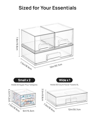 Vtopmart Stackable Storage Drawers Set of 3,Clear Plastic Organizer Bins for Makeup, Cosmetics, Beauty Supplies,Ideal for Vanity, Bathroom,Cabinet,Pantry Organization - style: 2 Small+1 Wide