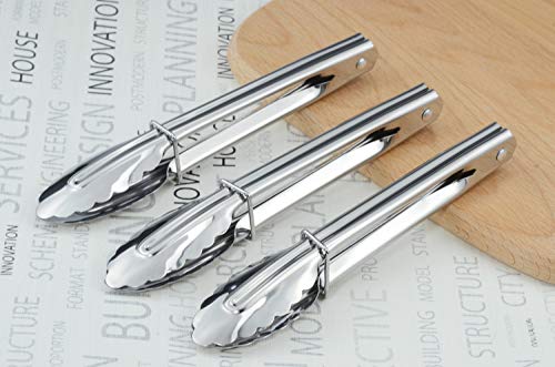 HINMAY 7-Inch Small Stainless Steel Serving Tongs, Set of 3 (Silver) | 7-Inch Mini Metal Salad Tongs - color: Silver