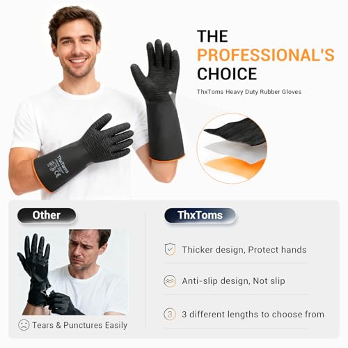 ThxToms Heavy Duty Rubber Gloves, 14" Upgraded with Non-Slip Design | 1 Pair Black Industrial Chemical Resistant Gloves Waterproof Reusable Protective Work Gloves for Dishwashing - color: 18"