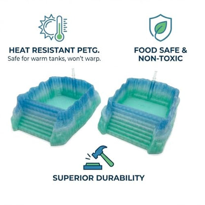 Hermit Crab Pools with Built-in Bubblers – Set of 2 (Fresh & Salt Water) – Upgraded Heat-Resistant PETG 3D Printed Water Bowls with Safe Exit Ramps (Glazed Blue/Green)