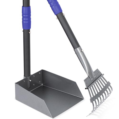 Dog Pooper Scooper, Dog Poop Tray and Rake Set with Long Stainless Handles | Pet Waste Removal Scoop with Adjustable Sectional Handles - color: Black/Blue