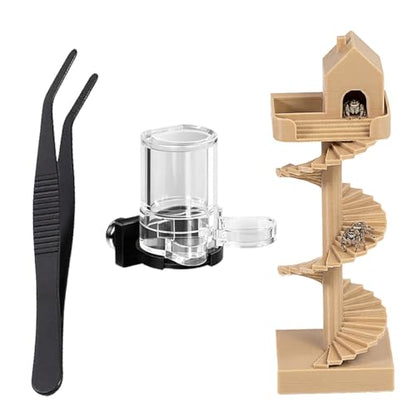 3Pcs Jumping Spider Enclosure Accessories Mini Spider House with Spiral Stair Feeding Dish Water Dispenser and Feeding Tongs Jumping Spider Hide Decor for Spider Enclosure Terrarium Habitat Kit