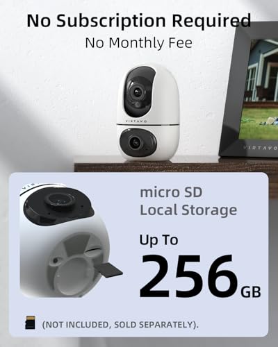 VIRTAVO Pet Camera Indoor No Subscription, for Dog Cat Baby, 360° PTZ | Dual Lens Dual View, Auto Motion Tracking, 2-Way Audio, Night Vision, Phone App, SD & Cloud Storage, Wired