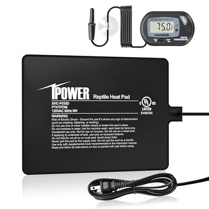 iPower 6 by 8-Inch 8W Reptile Heat Mat, LCD Digital Aquarium Thermometer, Under Tank Warmer Terrarium Heat Pad for Turtles Lizards Frogs and Other Small Animals, Multi Sizes - size: 6 X 8 Inch, style: Pad + Thermometer