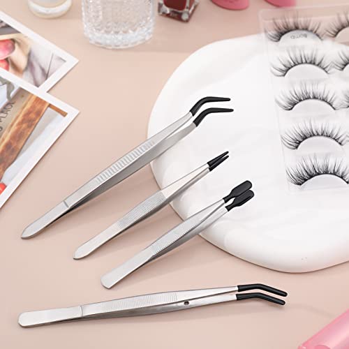 DragonflyDreams 4 Pieces Tweezers with Rubber PVC Coated Set | Straight Tip Tweezers Rubber Flat Tip Long Bent Tweezer for Crafts Stamps Beads Jewelry Tools