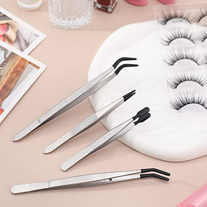 DragonflyDreams 4 Pieces Tweezers with Rubber PVC Coated Set | Straight Tip Tweezers Rubber Flat Tip Long Bent Tweezer for Crafts Stamps Beads Jewelry Tools