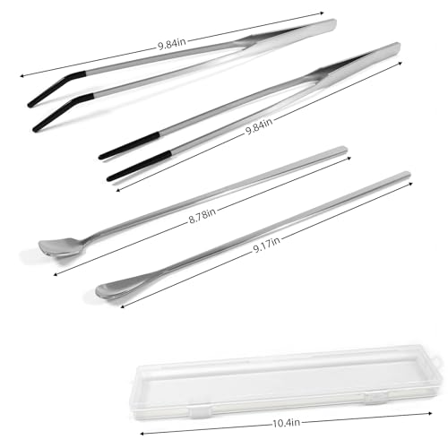 4 Pcs Reptile Feeding Tools Set with Silicone Tips - Extra Long Straight&Curved Tongs, Spoons - Stainless Steel Terrarium Feeder Kit for Bearded Dragons, Lizards, Snake, Spiders, Aquarium