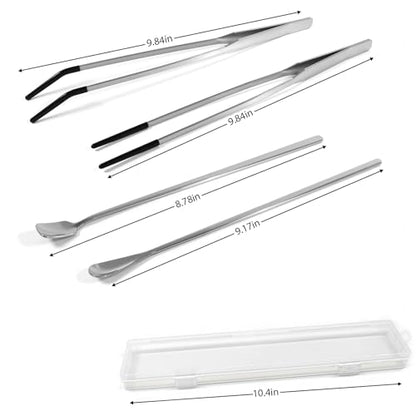 4 Pcs Reptile Feeding Tools Set with Silicone Tips - Extra Long Straight&Curved Tongs, Spoons - Stainless Steel Terrarium Feeder Kit for Bearded Dragons, Lizards, Snake, Spiders, Aquarium