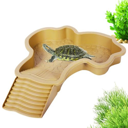 Turtle Water Pool Aquarium Ornament | Turtle Soaking Tub with Ladder Turtle Pool Scenery for Gecko, Turtle, Bearded Dragon, Aquatic Climbing Pet, Amphibians - color: Brown