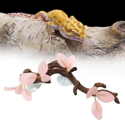 Reptile Terrarium Plant Decoration with Suction Cups, Pink Leaves Simulation Branch for Gecko and Bearded Dragon Habitats
