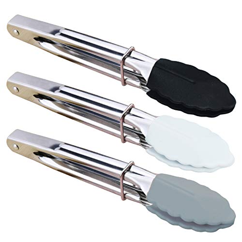 HINMAY 7-Inch Mini Tongs with Silicone Tips, Set of 3 (Black White Gray) | 7-Inch Small Serving Tongs - color: Black White Gray