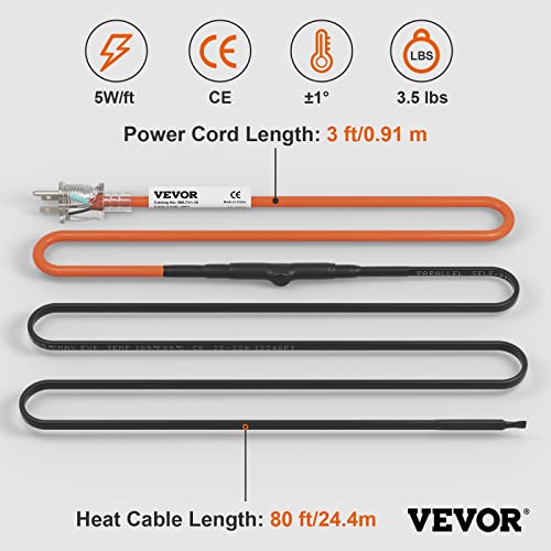 VEVOR Self-Regulating Pipe Heating Cable, 80-feet 5W/ft Heat Tape for Pipes Freeze Protection, Protects PVC Hose, Metal and Plastic Pipe from Freezing, 120V - size: 80 Feet