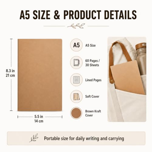 100 Pcs Journals Notebooks Bulk - Kraft Softcover A5 Small Notebooks 5.5 Inch x 8.3 Inch Notepads with 60 Page 30 Sheet for Writing Sketch Travel Office Supplies(Brown,Lined) - color: Brown, style: Lined