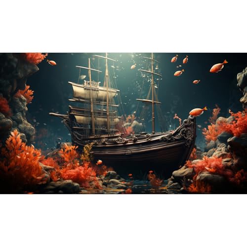 Pirate Shipwreck Aquarium Background Under The Sea Coral Reefs Fish Tank Background Underwater Sunken Ship Landscape Terrarium Background Tropical Sea Marine Life Aquarium Tank Background 48x20in - color: Red, size: 48(W)x20(H)inches/ 120(W)*50cm(H)