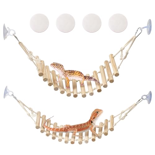 BNOSDM 2 Pcs Reptile Bridge Gecko Climbing Ladder Bearded Dragon Hammock with Suction Cup Wooden Basking Lounger Leopard Gecko Tank Accessories for Lizard, Hermit Crab, Frog, Snake - color: 2pcs-Solid wood