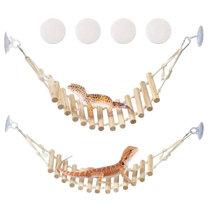 BNOSDM 2 Pcs Reptile Bridge Gecko Climbing Ladder Bearded Dragon Hammock with Suction Cup Wooden Basking Lounger Leopard Gecko Tank Accessories for Lizard, Hermit Crab, Frog, Snake - color: 2pcs-Solid wood