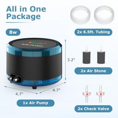 hygger Aquarium Air Pump Dual Outlet, Quiet Powerful Fish Tank Aerator 4W/8W, Adjustable Oxygen Pump with Air Stone, Bubbler for Fish Tank Up to 200 Gallon - size: 8W (Up to 200 Gallon)