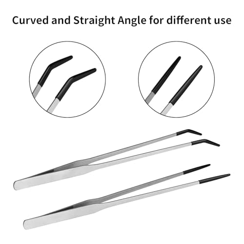 Novery 2PCS 10.6" Rubber Tip Reptile Feeding Tongs, Straight & Curved | Soft Non-Scratch Tips, For Bearded Dragon Snakes, Aquarium Terrarium Enclosure & Craft Tools, Tank Accessories
