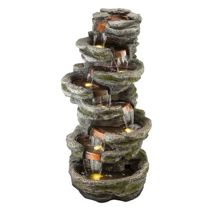 Alpine Corporation WIN1146 Outdoor Floor Cascading 8 Tiered Rock Garden Water Fountain with LED Lights, 58", Gray - style: 58" H - 8-Tier Warm White LEDs
