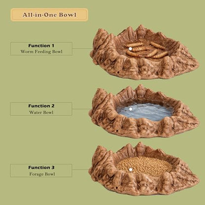 Reptile Water and Food Bowl with Feeding Tweezers Volcanic Rock Style Cement Feeding Dish for Bearded Dragon Leopard Gecko Lizard and Snake Non-Tip Terrarium Decor Landscape Accessory (Brown)