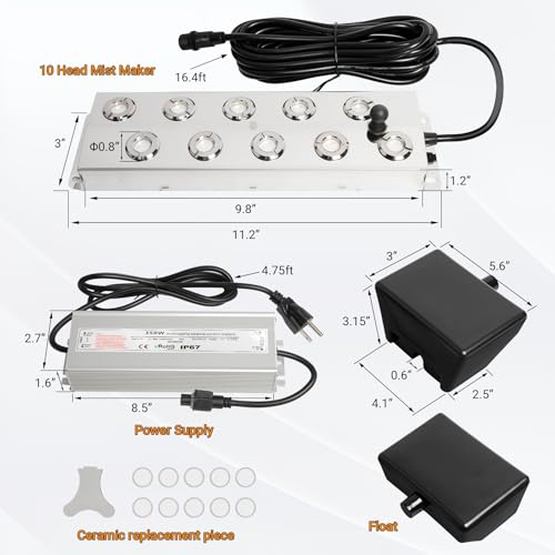 Ultrasonic Mist Fogger Maker 10 Heads, Mist Maker Fogger 7000ml/H | 350W & IP67 Waterproof Power Supply, with 2 Floats & 10 Atomizer Heads Replacements, Perfect for Pond, Greenhouse, Halloween - size: 10 Heads
